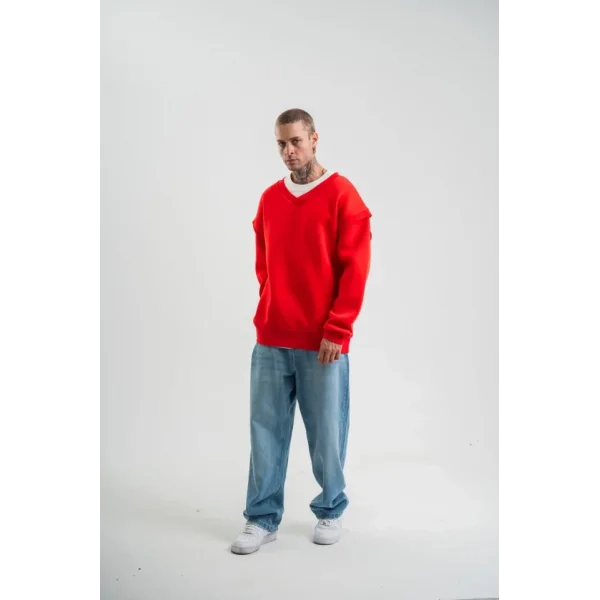 Geniş V Yaka Kol Ribana Detaylı SweatShirt - Kırmızı