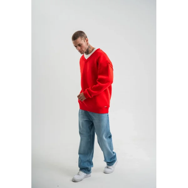 Geniş V yaka Kol Ribana Detaylı SweatShirt - Kırmızı