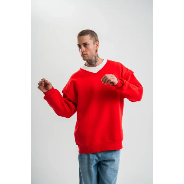 Geniş V yaka Kol Ribana Detaylı SweatShirt - Kırmızı