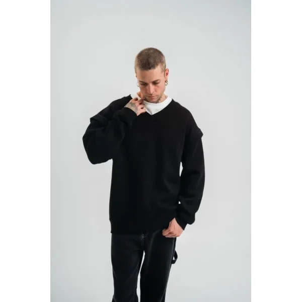 Geniş V Yaka Kol Ribana Detaylı SweatShirt - Siyah