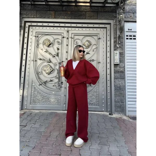 Geniş V Yaka Üç İplik Sweat Takım - Bordo