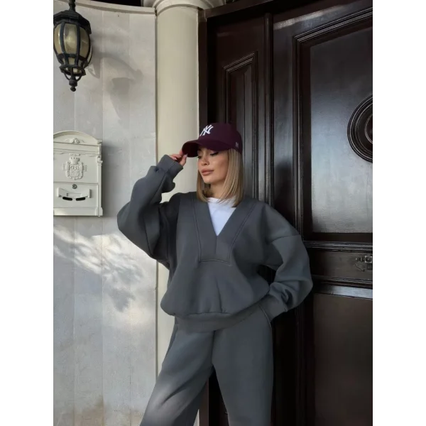 Geniş V Yaka Üç İplik Sweat Takım - Füme