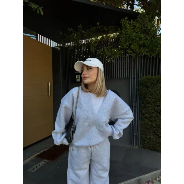 Geniş V Yaka Üç İplik Sweat Takım - Gri