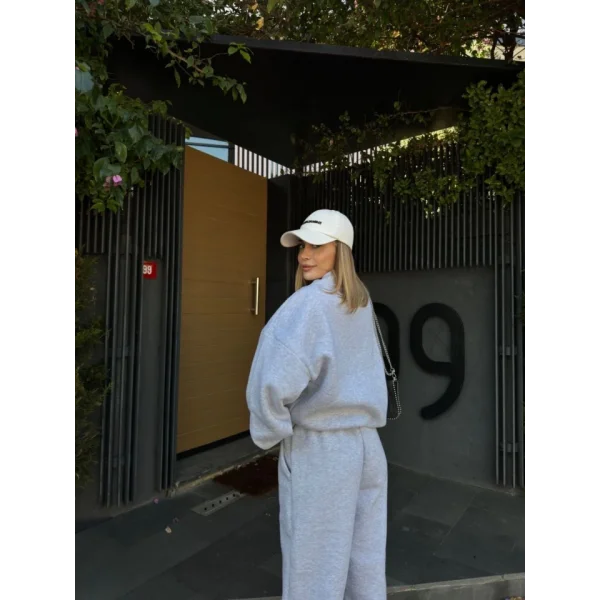 Geniş V Yaka Üç İplik weat Takım  Gri