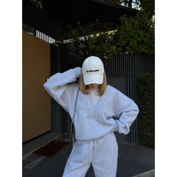 Geniş V Yaka Üç İplik weat Takım  Gri