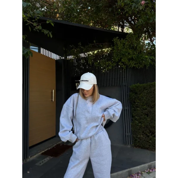 Geniş V Yaka Üç İplik weat Takım  Gri