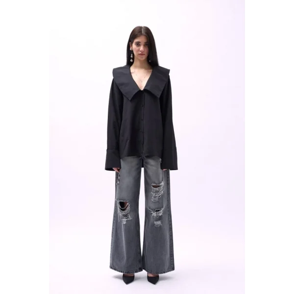 Geniş Yaka Volan Kol Gömlek