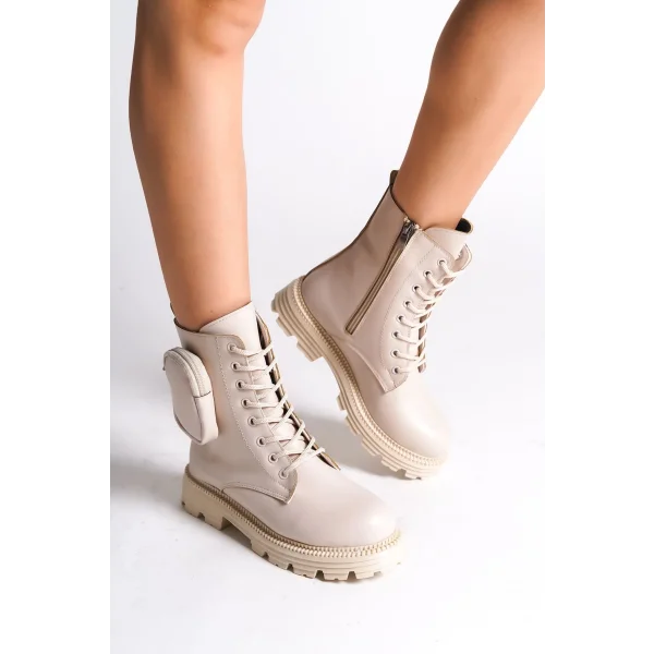 GINA Bağcıklı Fermuarlı Ortopedik Taban Çantalı Kadın Bot  CKT - Krem