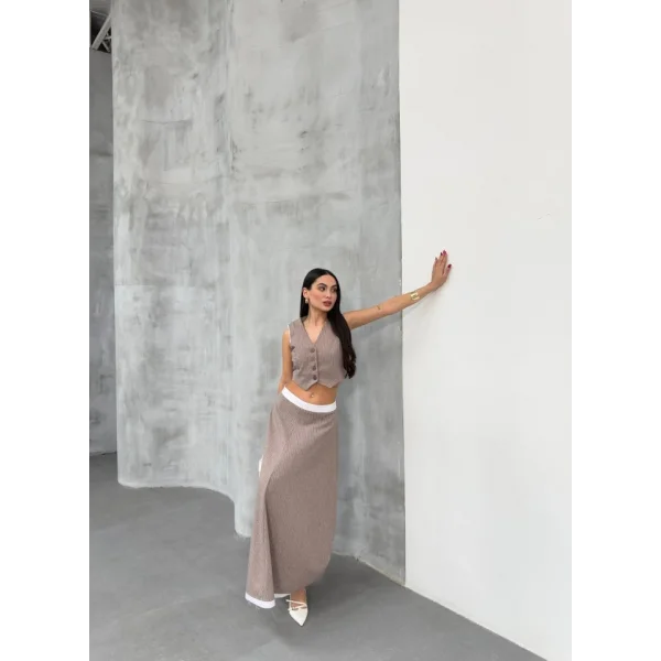 Gi̇o Çi̇zgi̇li̇ Garni̇li̇ Mi̇di̇ Etek Yelek Takim