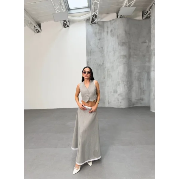 Gi̇o Çi̇zgi̇li̇ Garni̇li̇ Mi̇di̇ Etek Yelek Takim