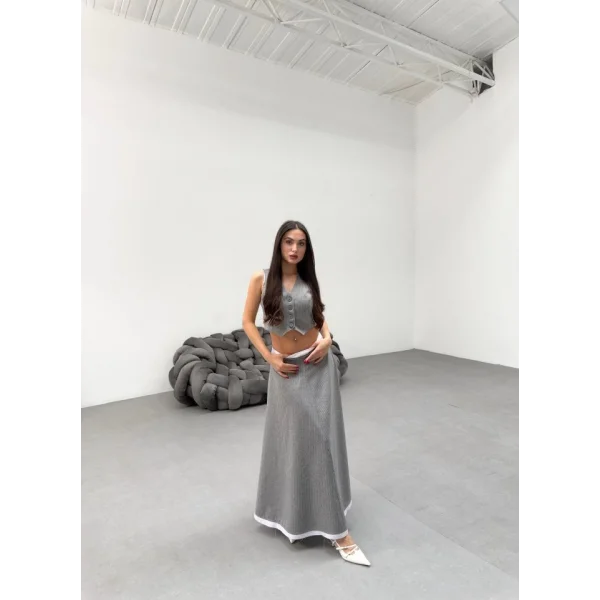 Gi̇o Çi̇zgi̇li̇ Garni̇li̇ Mi̇di̇ Etek Yelek Takim