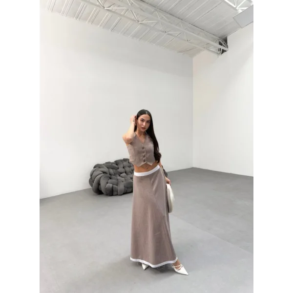 Gi̇o Çi̇zgi̇li̇ Garni̇li̇ Mi̇di̇ Etek Yelek Takim