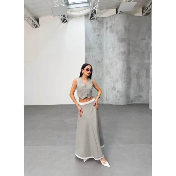 Gi̇o Çi̇zgi̇li̇ Garni̇li̇ Mi̇di̇ Etek Yelek Takim