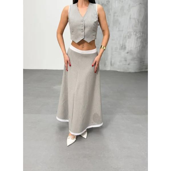 Gi̇o Çi̇zgi̇li̇ Garni̇li̇ Mi̇di̇ Etek Yelek Takim