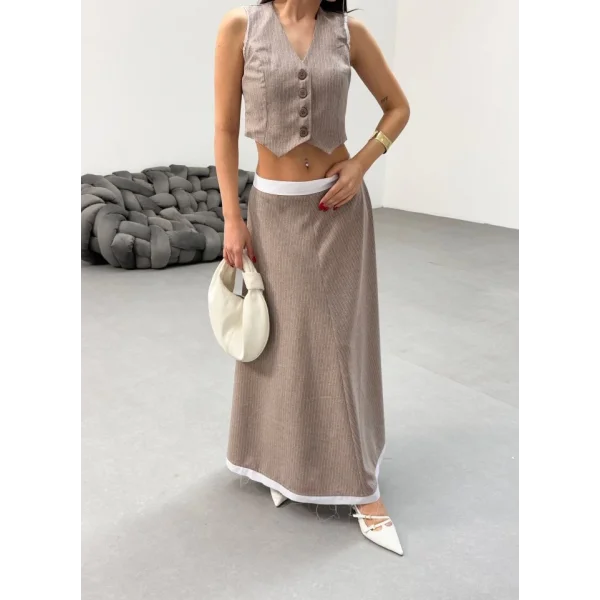 Gi̇o Çi̇zgi̇li̇ Garni̇li̇ Mi̇di̇ Etek Yelek Takim