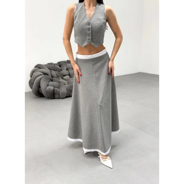 Gi̇o Çi̇zgi̇li̇ Garni̇li̇ Mi̇di̇ Etek Yelek Takim