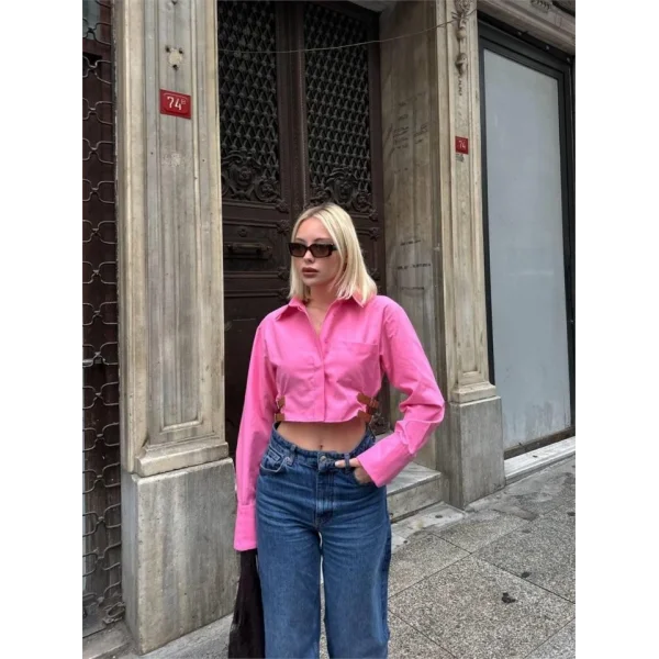 GÖEK POPİN CROP YAN ÇİFT KEER DETAYI  Pembe