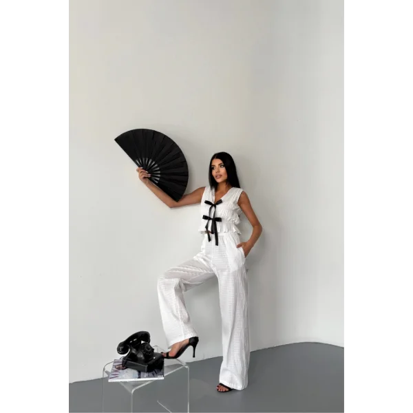 GOFRE BLUZ-PANTOLON TK KURDELE DETAYLI - Beyaz