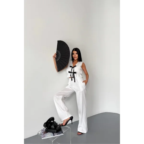 GOFRE BLUZ-PANTOLON TK KURDELE DETAYLI - Beyaz