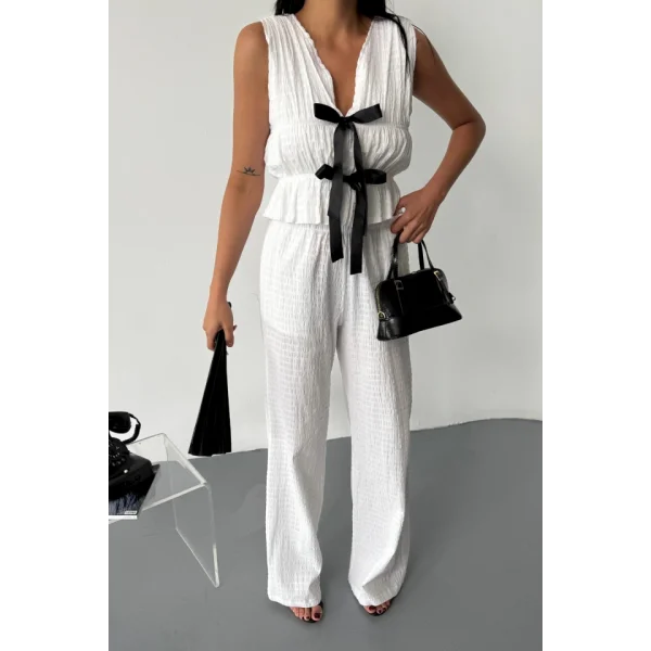 GOFRE BLUZ-PANTOLON TK KURDELE DETAYLI - Beyaz