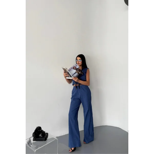 GOFRE BLUZ-PANTOLON TK KURDELE DETAYLI - Mavi