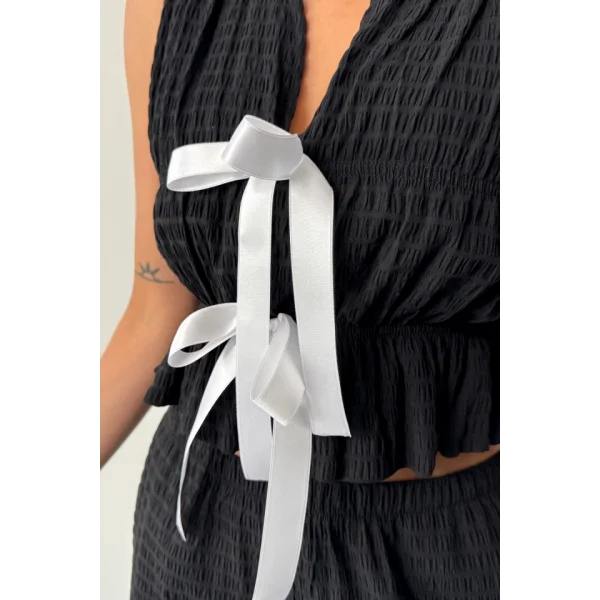 GOFRE BLUZ-PANTOLON TK KURDELE DETAYLI - Siyah