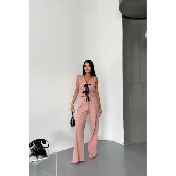 GOFRE BLUZ-PANTOLON TK KURDELE DETAYLI - Somon