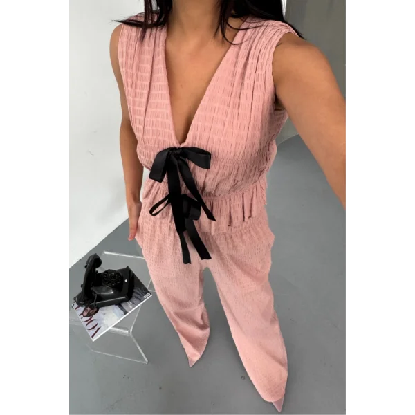 GOFRE BLUZ-PANTOLON TK KURDELE DETAYLI - Somon