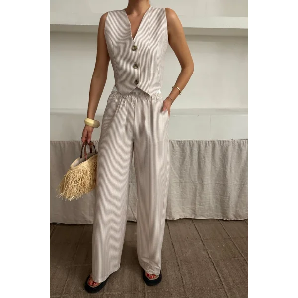 GOFRE ÇİZGİLİ YELEK - PANTOLON TAKIM - Bej