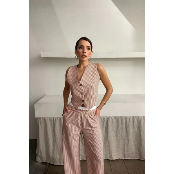 GOFRE ÇİZGİLİ YELEK - PANTOLON TAKIM - Kahverengi