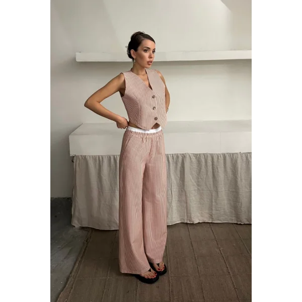 GOFRE ÇİZGİLİ YELEK - PANTOLON TAKIM - Kahverengi