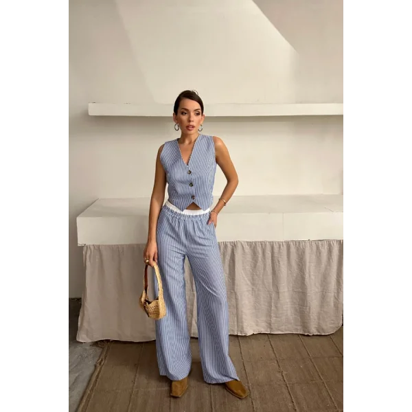 GOFRE ÇİZGİLİ YELEK - PANTOLON TAKIM - Mavi