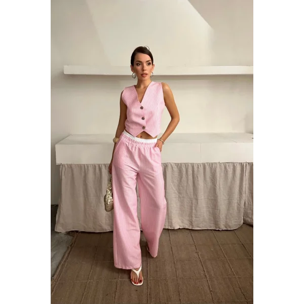 GOFRE ÇİZGİLİ YELEK - PANTOLON TAKIM - Pembe