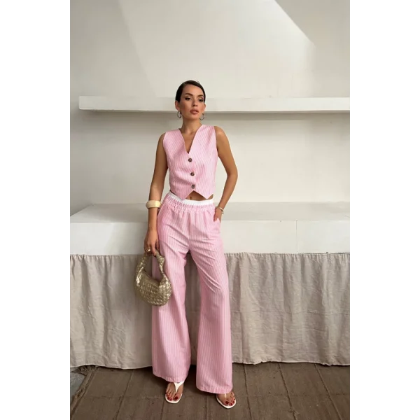 GOFRE ÇİZGİLİ YELEK - PANTOLON TAKIM - Pembe