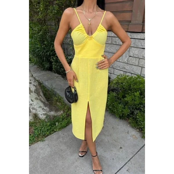 Göğsü Aksesuarlı Önü Yırtmaçlı Elbise 2899