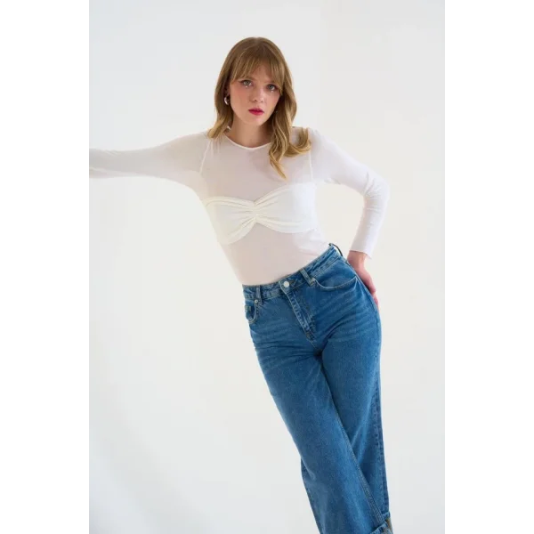 Göğsü Büzgülü Kayık Yaka Kazak  Optik Beyaz