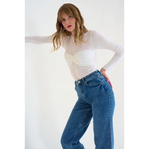 Göğsü Büzgülü Kayık Yaka Kazak  Optik Beyaz