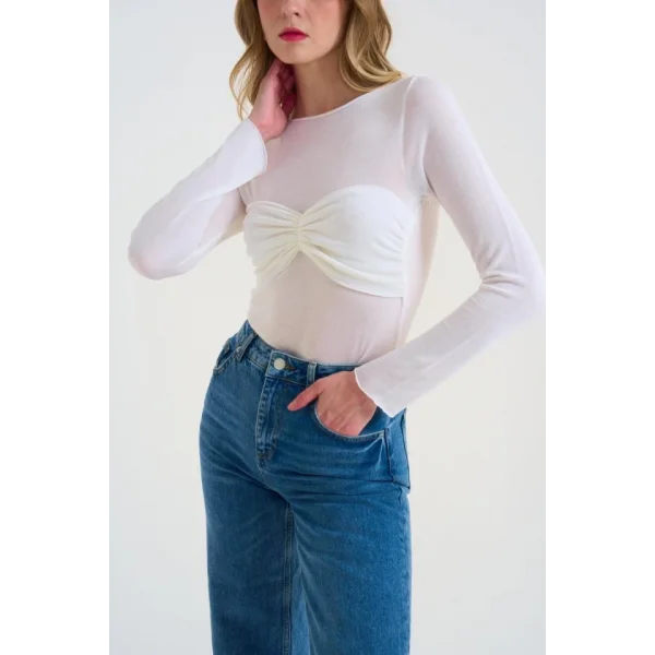 Göğsü Büzgülü Kayık Yaka Kazak  Optik Beyaz