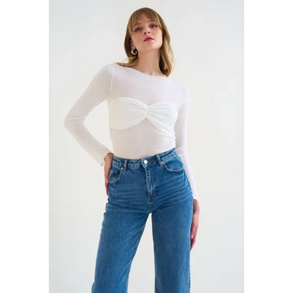 Göğsü Büzgülü Kayık Yaka Kazak  Optik Beyaz