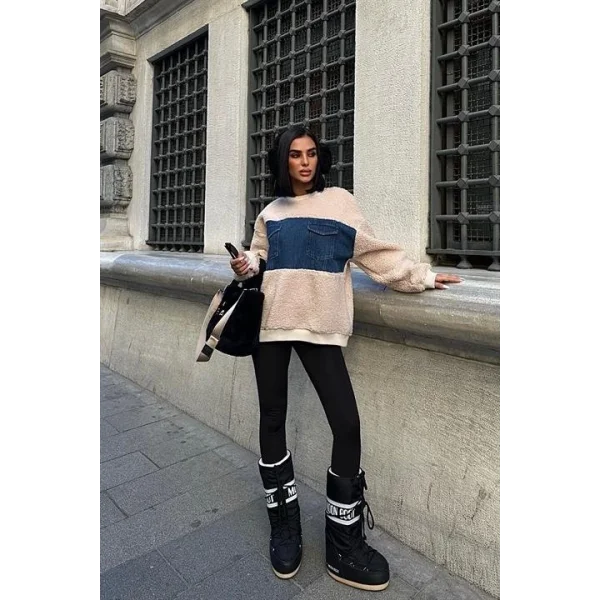 Göğsü Denim Garnili Sweatshirt 3402