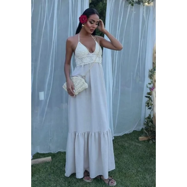 Göğsü Trikolu Keten Uzun Elbise 2904-08