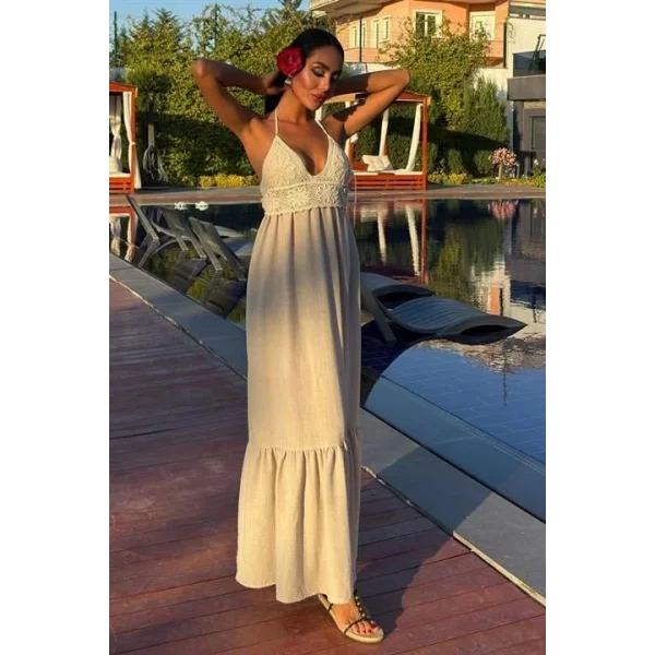 Göğsü Trikolu Keten Uzun Elbise 2904-08