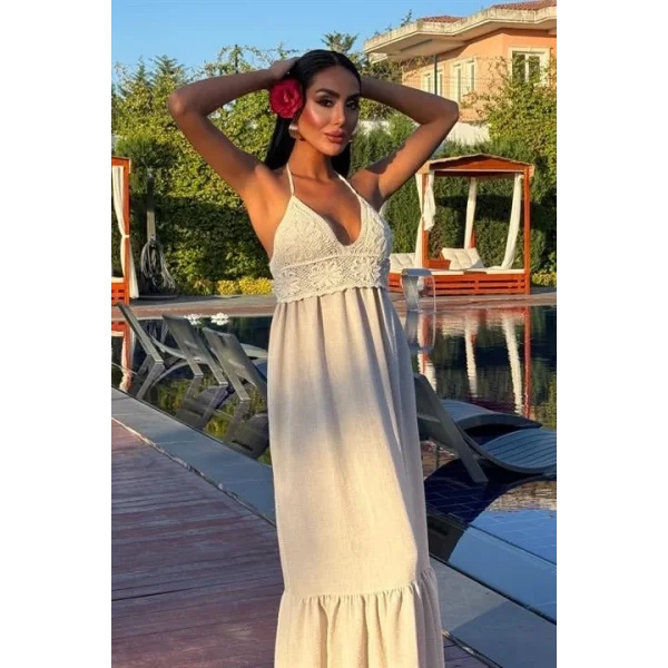 Göğsü Trikolu Keten Uzun Elbise 2904-08