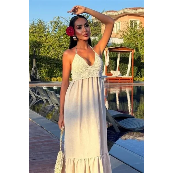 Göğsü Trikolu Keten Uzun Elbise 2904-08