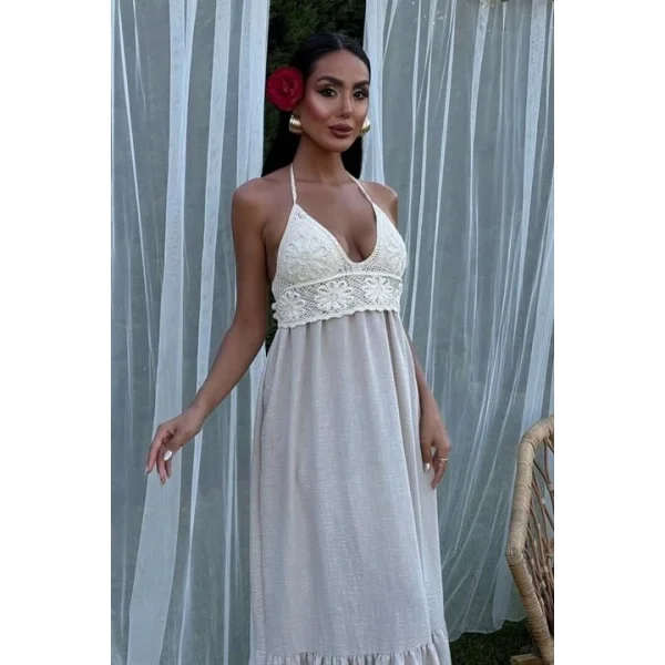 Göğsü Trikolu Keten Uzun Elbise 2904-08