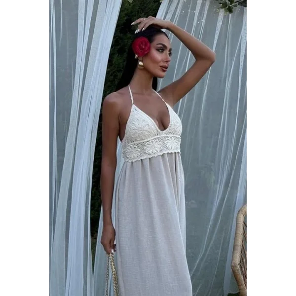 Göğsü Trikolu Keten Uzun Elbise 2904-08