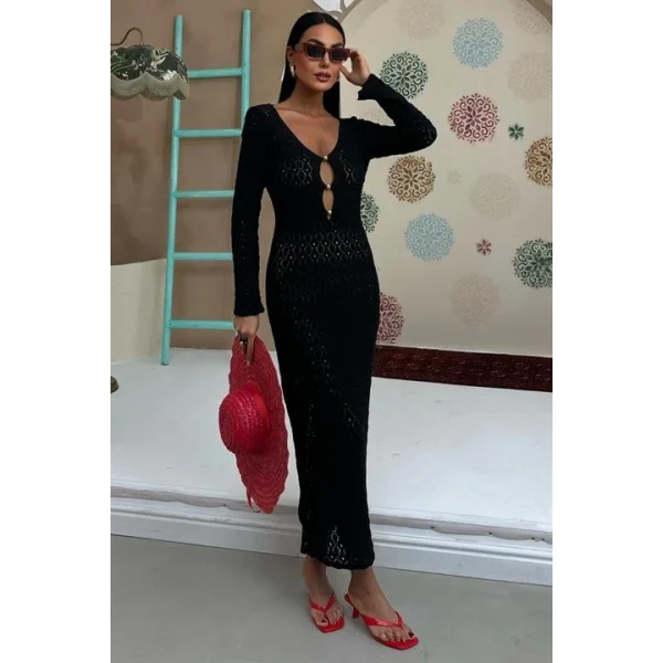 Göğüs Aksesuar Ve Pencereli Triko Elbise 2852