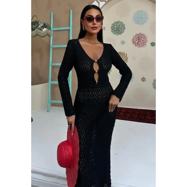 Göğüs Aksesuar Ve Pencereli Triko Elbise 2852