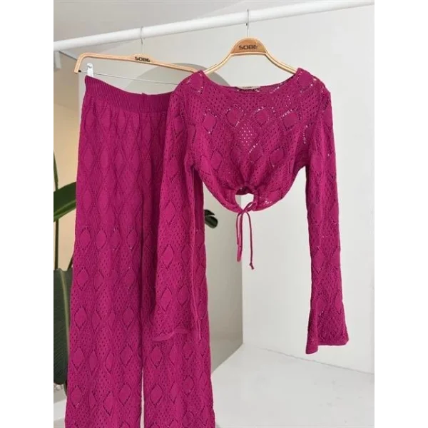 Göğüs Bağcık Detaylı Ajurlu Bluz Pantolon Takım 10098