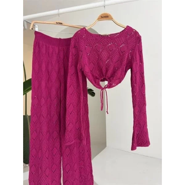 Göğüs Bağcık Detaylı Ajurlu Bluz Pantolon Takım 10098